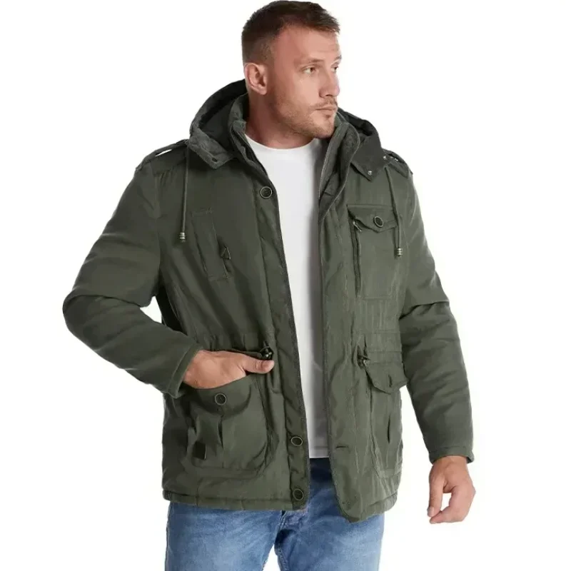 

Хлопковое утолщенное повседневное пальто средней длины с капюшоном и несколькими карманами, мужская куртка, зимние парки, большой размер, флисовые джемперы из ягненка