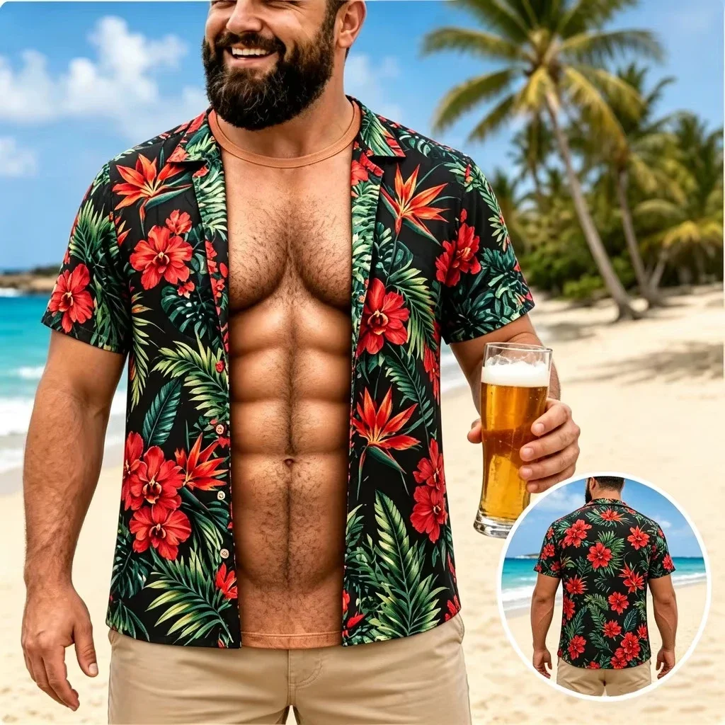 Men Funny Muscle Illusion T-Shirt, 3D Print Fake Open Hawaiian Tee Too Hot To Handle Summer Holiday Casual Gift
