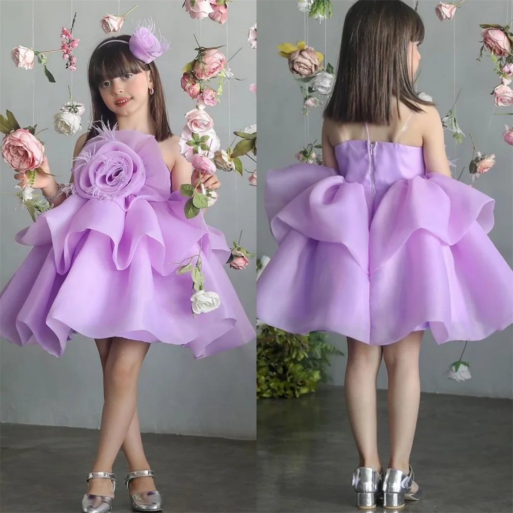 

Customized Dearin Spaghetti Strap Ball Gown Mini Length Open Back Skirts Draped Contoured Sleeveless 3D Flower Girl Dresses