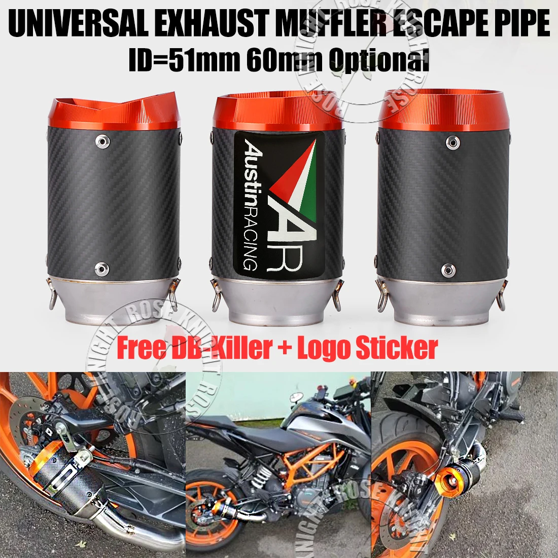 

Universal 51mm 60mm AR Motorcycle Exhaust Muffler For NINJIA Z250-1000 MT0709 GSX250R ZX6R S1000RR R3R6 DUKE390 CB300R Exhaust