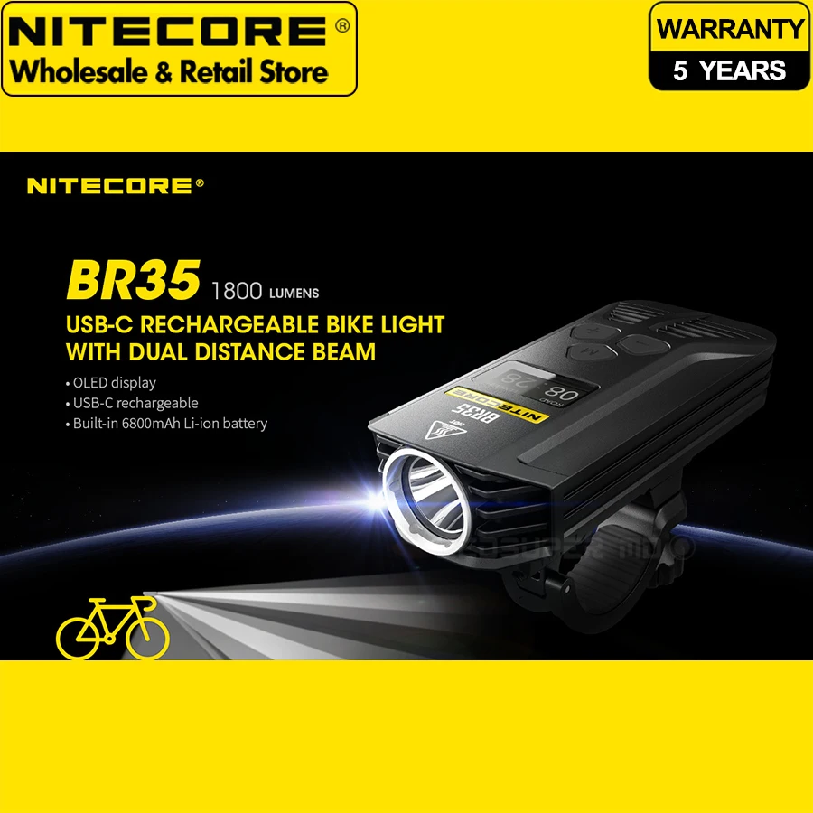 Bicycle Flashlight Nitecore BR35 USB-C Rechargeable Bike Front Light Built-in 6800mAh Battery