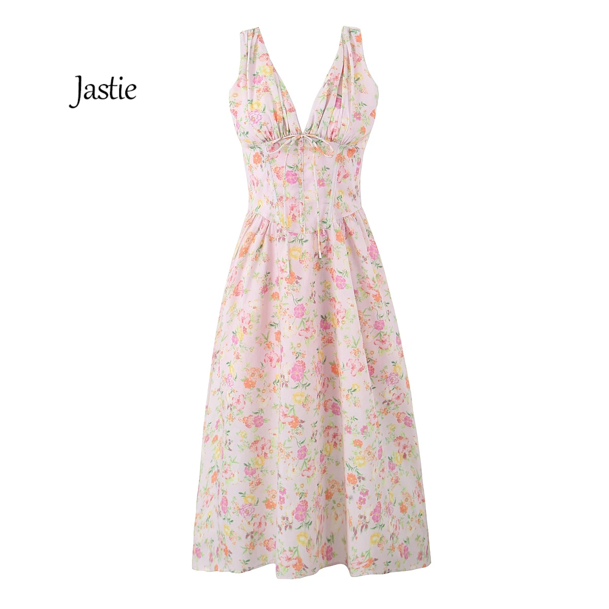 Jastie Deep V Neck Women Sexy Dresses 2024 Fashion Summer Sleeveless Floral Print Pink Party Long Dress Boho Casual Beach Dress