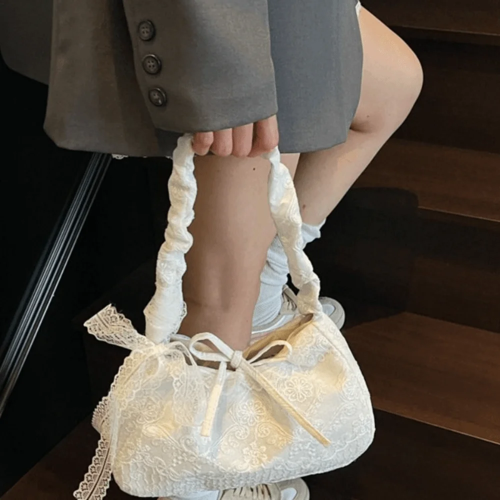 Shopping Tote Bag Lace Shoulder Bag Pleated Strap Korean Style Simple Canvas Handbag With Ribbon Simple Large Capacity Bag Girls
