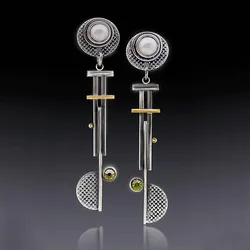 Vintage Round Semicircle Long Bar Pearl Earrings Hip Hop Punk Mechanical Drop Dangle Steampunk Disc Pendant Earrings Jewelry