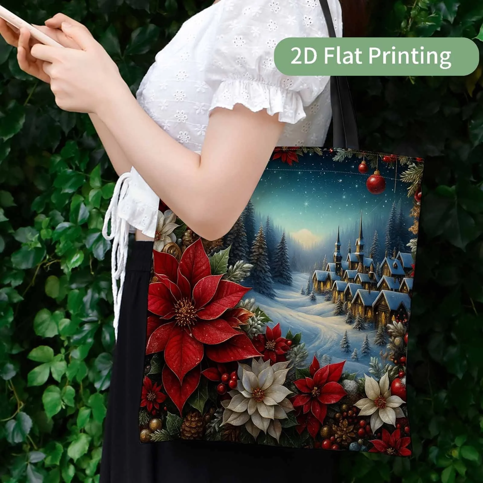 1pc Large Capacity Tote Bag Winter Wonderland Christmas Tote with Poinsettias, Snowy Village Red Poinsettia Flowers