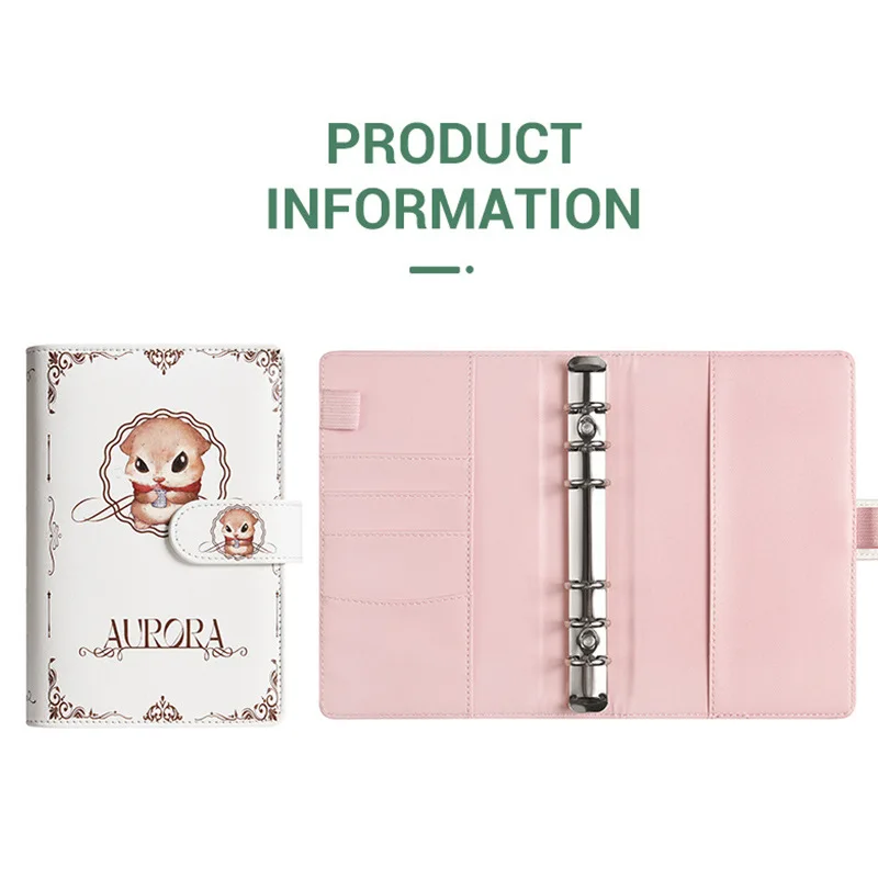 A6 White Cute Animal  PU Leather DIY Binder Notebook Cover Diary Agenda Planner Paper Cover School Stationery