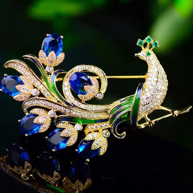 Bobokiki Jewelry European and American Fashion Peacock Titanium Steel Micro-Inlaid AAA Zircon Brooch Luxury Bird Pin