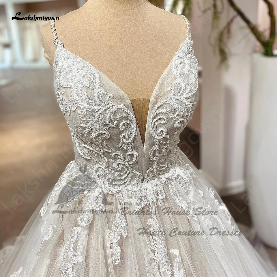 Lakshmigown Maxi Champagne Wedding Dresses Boho Style 2023 V Neck Lace Beaded Princess Bridal Wedding Gowns Spaghetti Straps