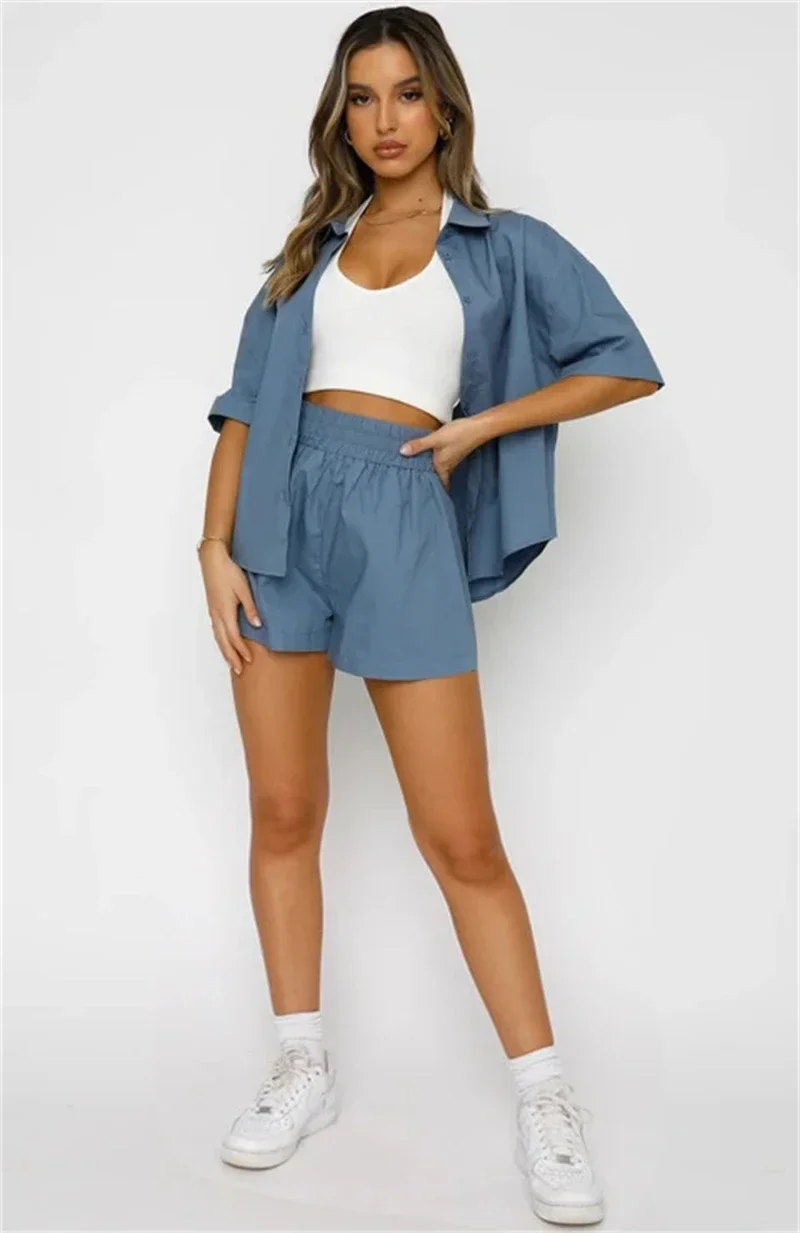 streetwear 2 조각 세트 여성 복장 여름 의류 여성 솔리드 컬러 셔츠 탑과 반바지 세트 캐주얼 tracksuits 2pcs 여성 세트