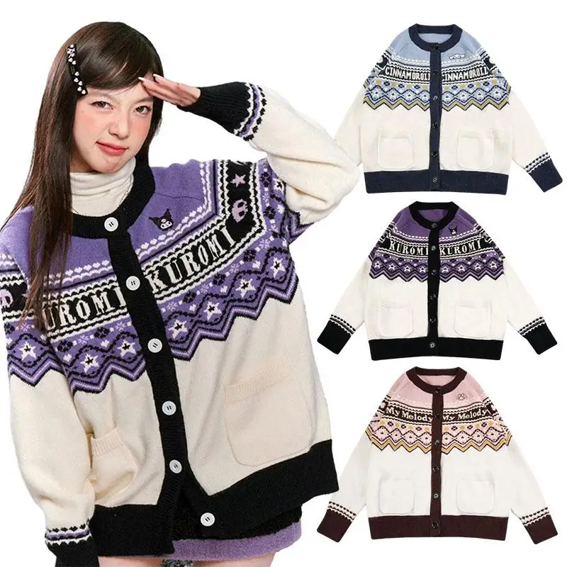 

Anime Cartoon Sanrios Kuromi My Melody Cardigan Jacket Sweet and Cute Loose Long-Sleeved Top Knitted Sweater Versatile for Girls