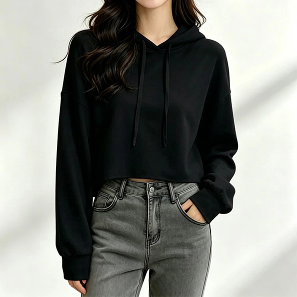 Korean Style Sweatshirts Long Sleeve Crop Top Length 18.9 Inch Women Crop Hoodie Youth Style Apparel Lightweight Material