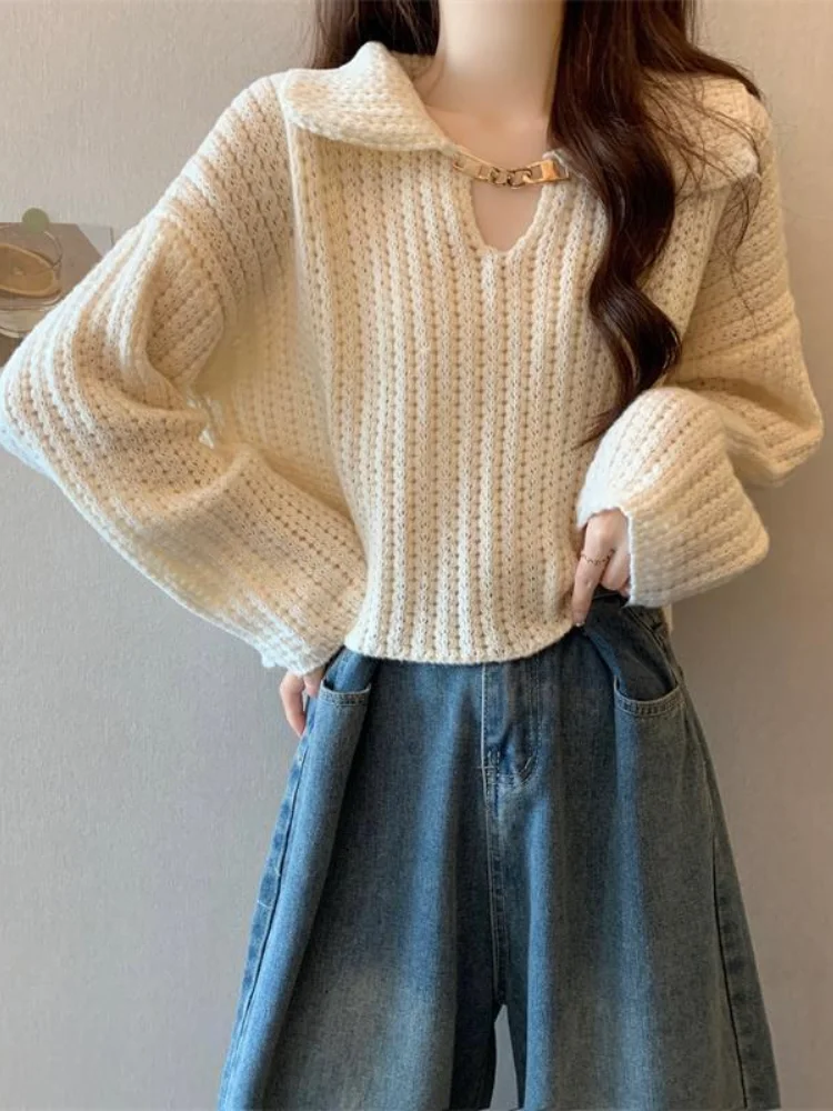 

Loose Long Sleeve Chic Turn-down Collar Short Pullover Sweet Fashion Casual Lazy Wind Knitwear Autumn Winter 2024