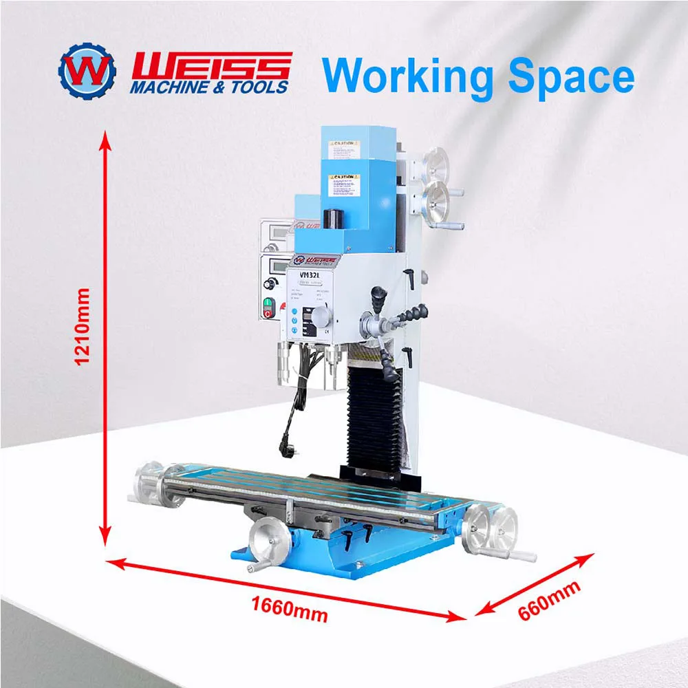 WEISS VM32L Milling Machine Brushless 1500W Drilling Mill with Variable Speed 100-2250rpm for Precision Engineering