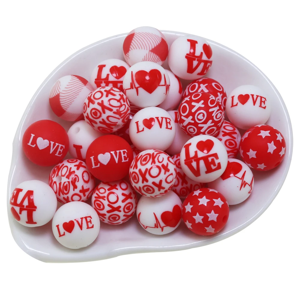 2024 100Pcs New Valentine's Day Heart Love Print Silicone Beads 15mm For Pacifier Chain DIY Necklace Jewelry Accessories