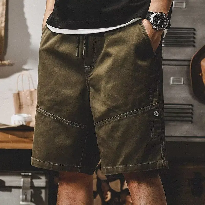 Short Pants for Men Vintage with Draw String Elastic Waist Mens Cargo Shorts Loose Khaki Baggy Wide Y2k 2024 Fashion Casual Man