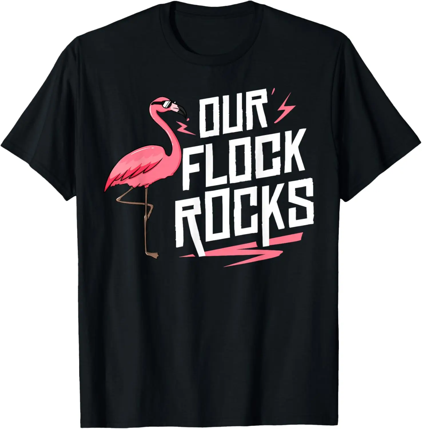 Our Flock Rocks Flamingo Graphic Tee Soft Cotton Casual Crewneck T-Shirt for Women and Men