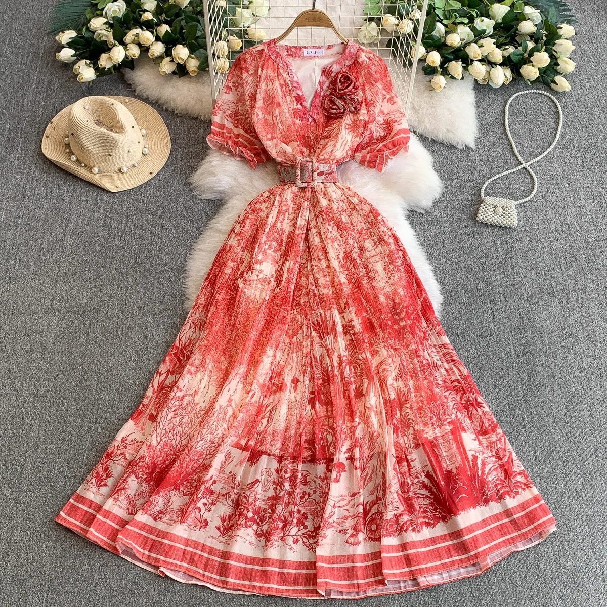 UNI imprimé robe Maxi femmes vacances d'été robes longues chemise 2025 printemps à manches courtes simple boutonnage perles robes de fête