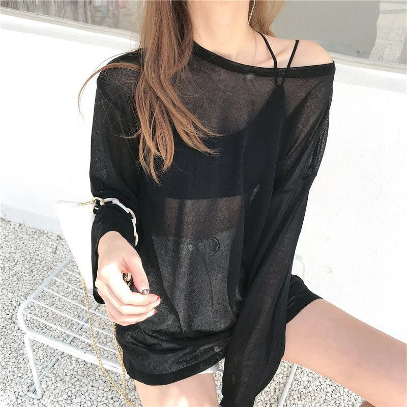 Women Thin Sheer T Shirts Korean Loose Solid Long Sleeve Female Casual Tees Summer Sweet New Fashion All Match Ladies Tops