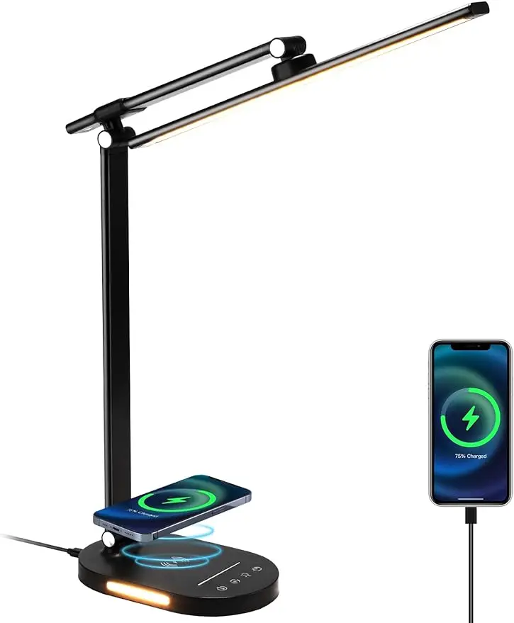 

Lightess LED Desk Lamp with Wireless Charger, USB Charging Port, Touch Control, 5 Color Modes, 5 Brightness Level, Eye-Caring