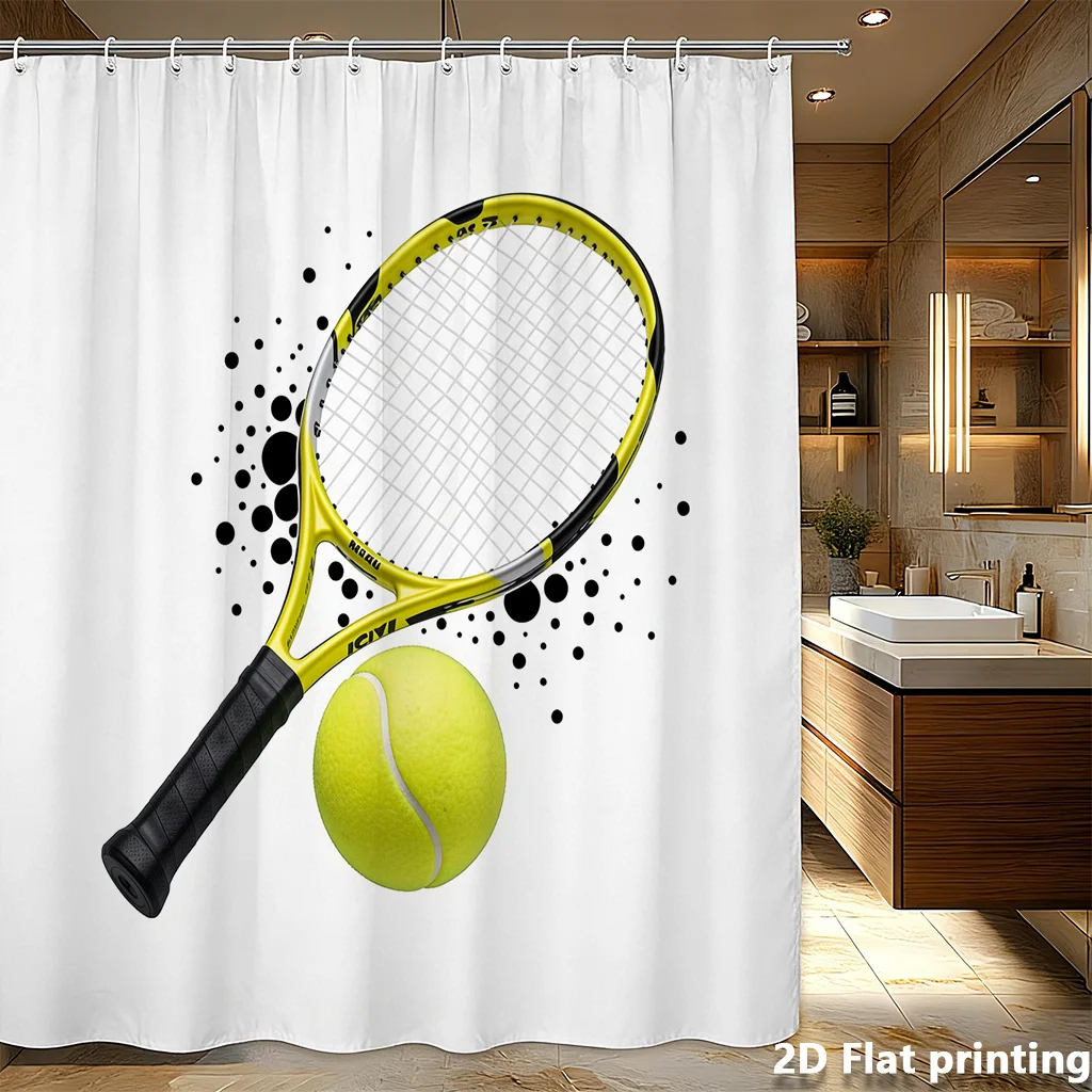 Yellow Tennis Racket Shower Curtain, Sports Ball Waterproof Bath Curtain, Active Gym Theme Bathroom Decor for Men Boys