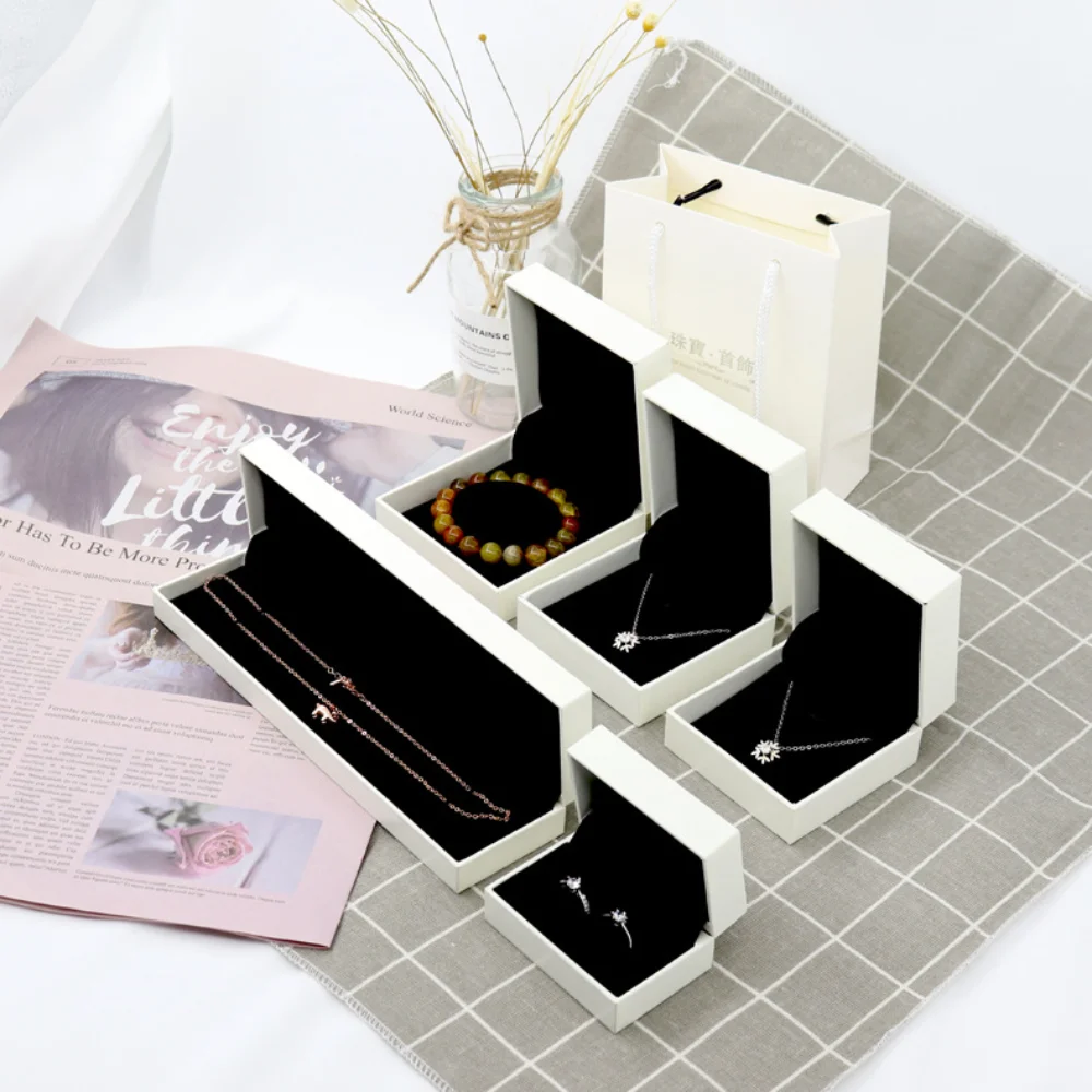 New Jewelry Packaging Box Plastic Flip White Box Velvet Ring Earrings Necklace Bracelets Gift Box Jewelry Display Storage Tray