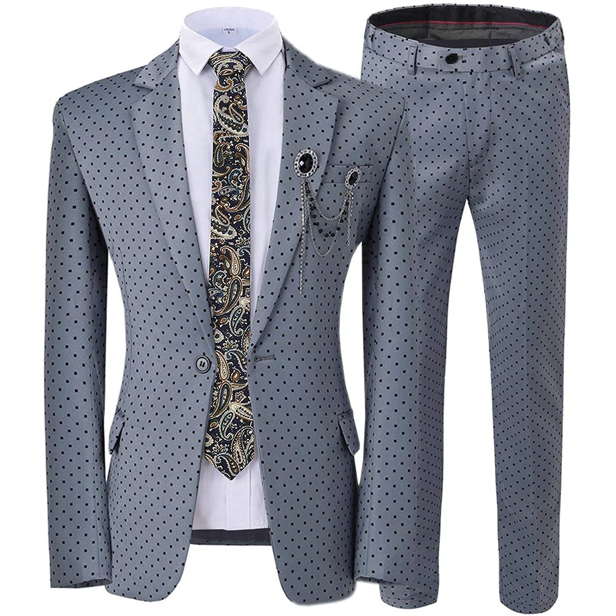 

2024 New 2 Pieces Men Wedding Suit Dots Printed Slim Fit Notch Lapel Tuxedos Grey (Blazer+Pants)