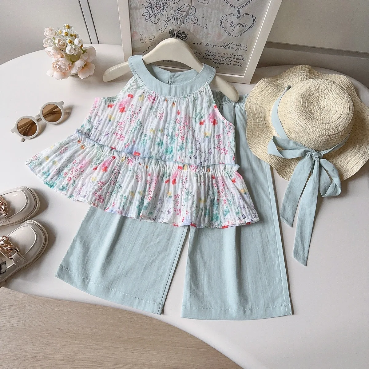 2026 girls' summer new style hanging neck sleeveless top countryside style fashion two-piece set
