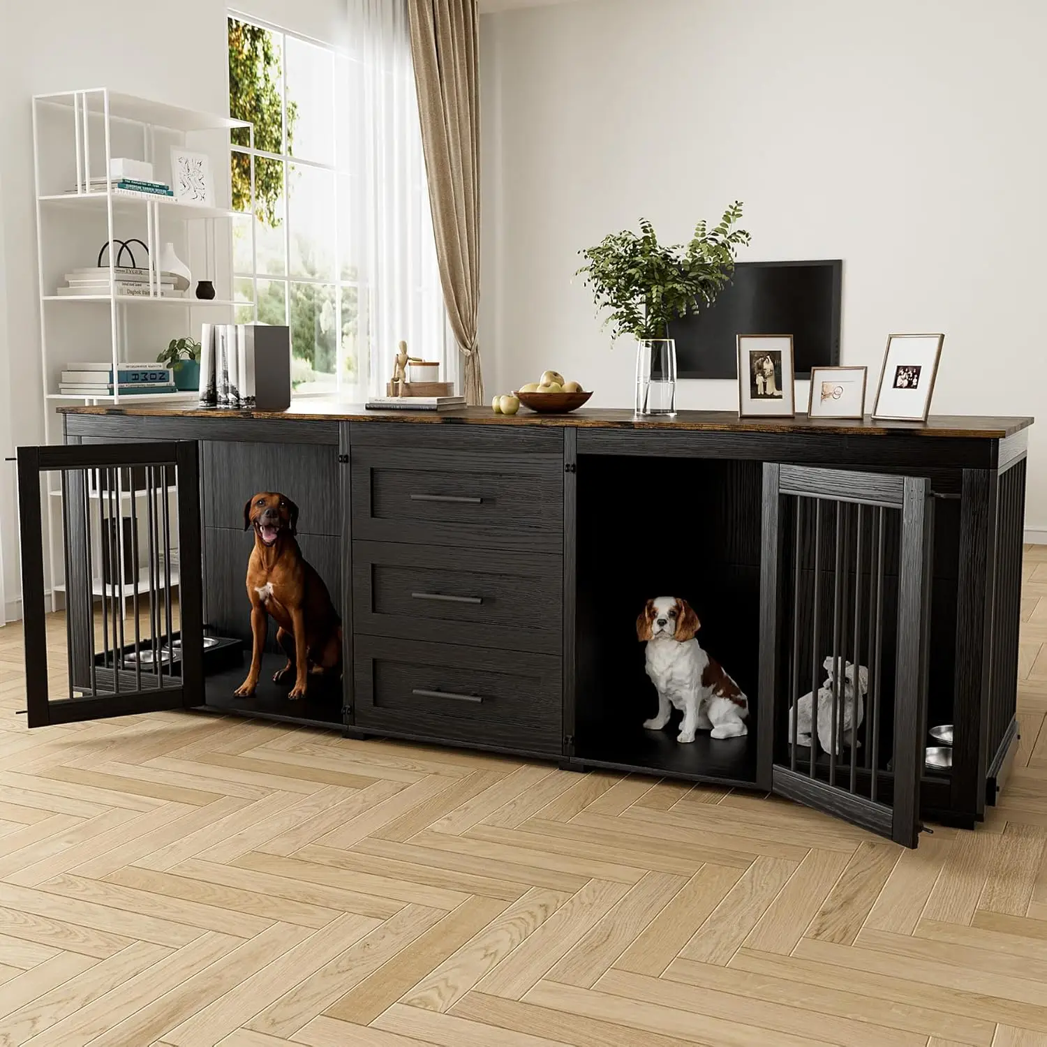 

94.5" Large Dog Crate Furniture for 2 Dogs, Double Wooden Dog Kennel Furniture with 4 Dog Bowls & 3 Drawers, Heavy Duty Indoor