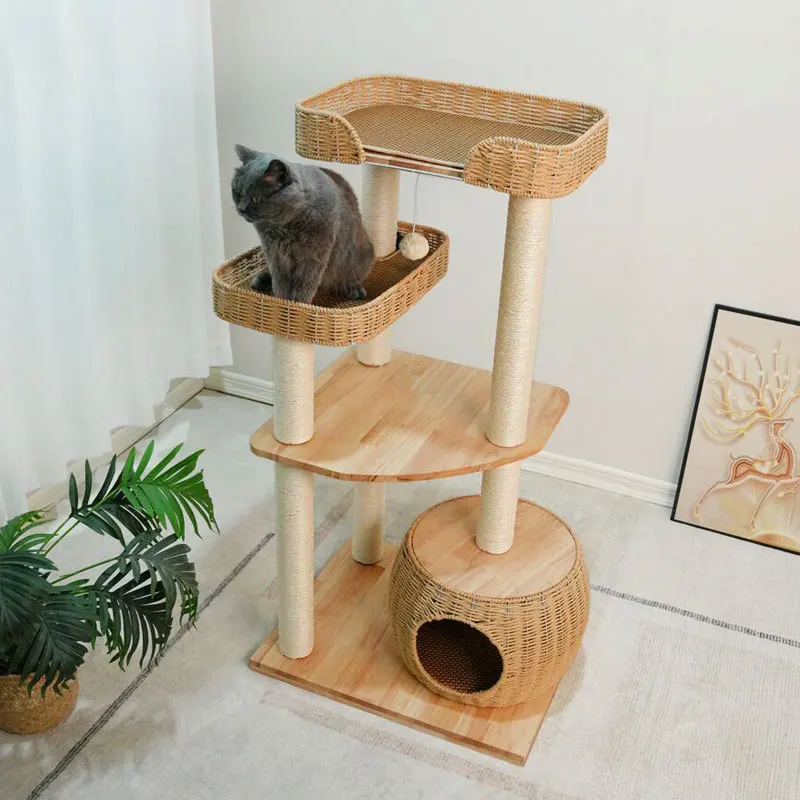 

Solid wood cat climbing frame cat litter cat tree integrated large shelf woven litter natural sisal column