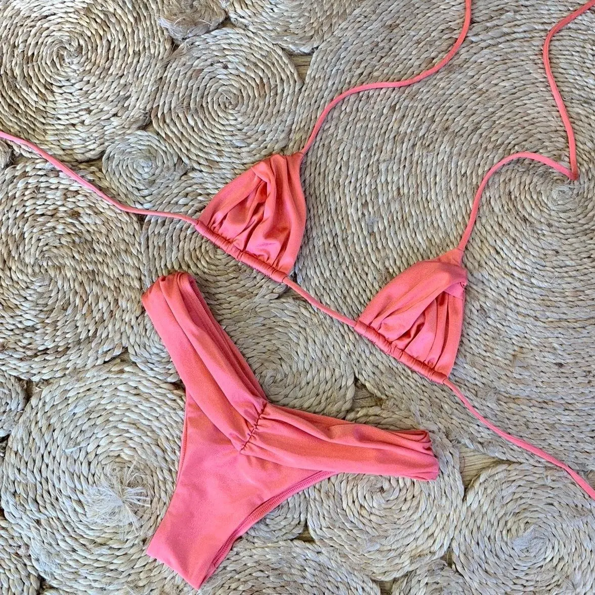 Sexy Bikini Set 2025 New Solid Color Pleated Bikini Swimwear Push Up Halter Swimsuit Bathing Suits for Women