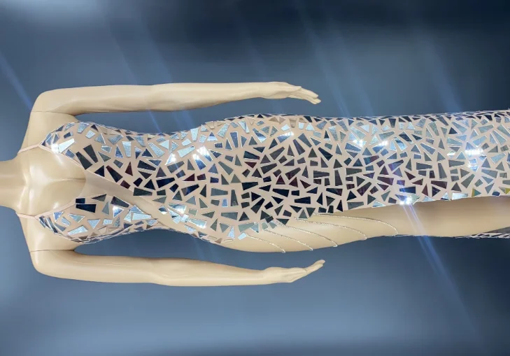 Women Birthday Celebrate Transparent Dress Bling Silver Mirror Stones Dress Party Dance Show Nightclub singer Costume