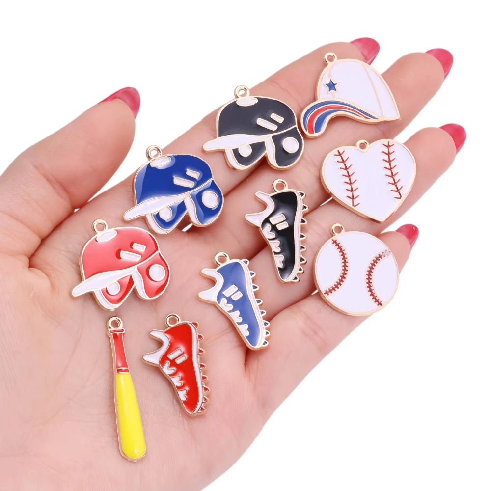 10Pcs Sport Charms Fashion Enamel Baseball Cap Shoes Alloy Pendants for Keychain Necklace DIY Jewelry Accessories Supplies