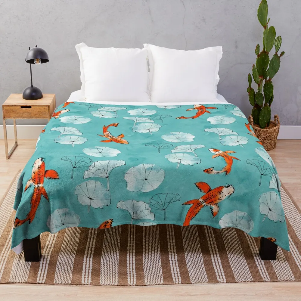 Waterlily koi in turquoise Throw Blanket Bed Fashionable Blanket Quilt Blanket Bed linens Blankets Sofas Of Decoration