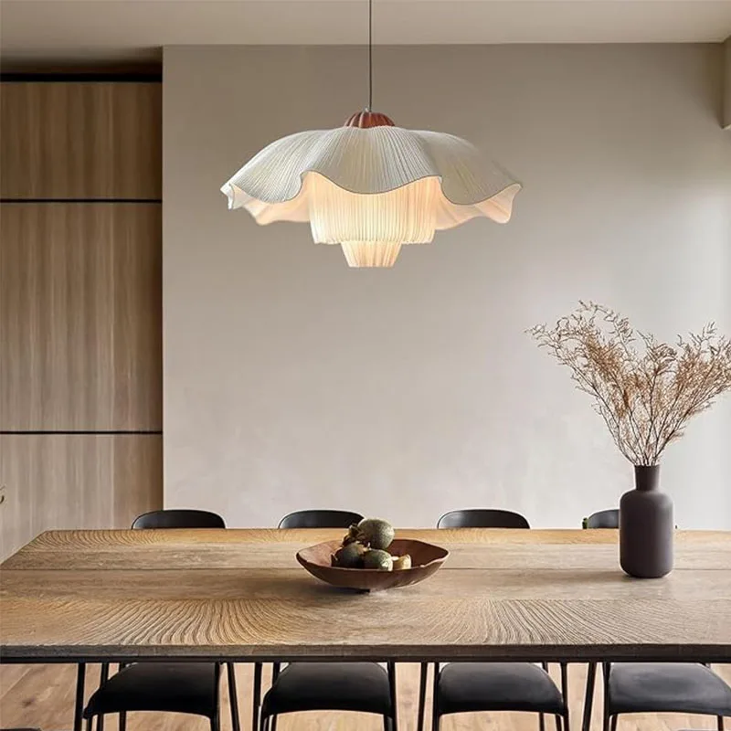 Vintage Cream Pendant Lamp  Fabric Petal Ceiling Hanging Light Fabric Chandelier for Living Room Master Bedroom Decor Lighting