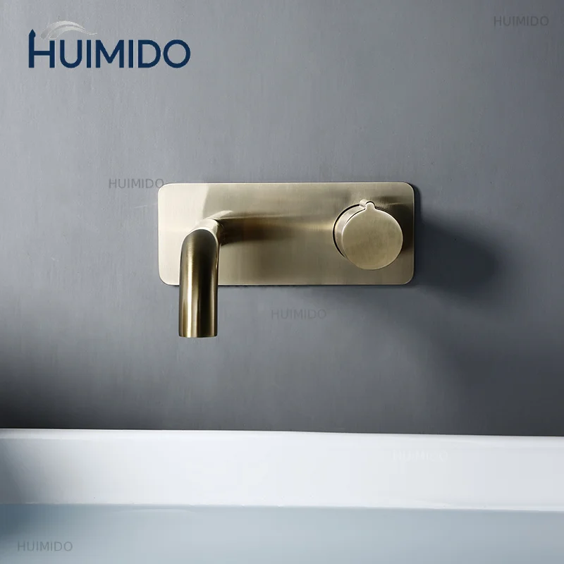 Vanity Sink Faucet With Cover Plate Hot And Cold Wall-Mount Mixer Tap In Brushed Gold Taps With Knob