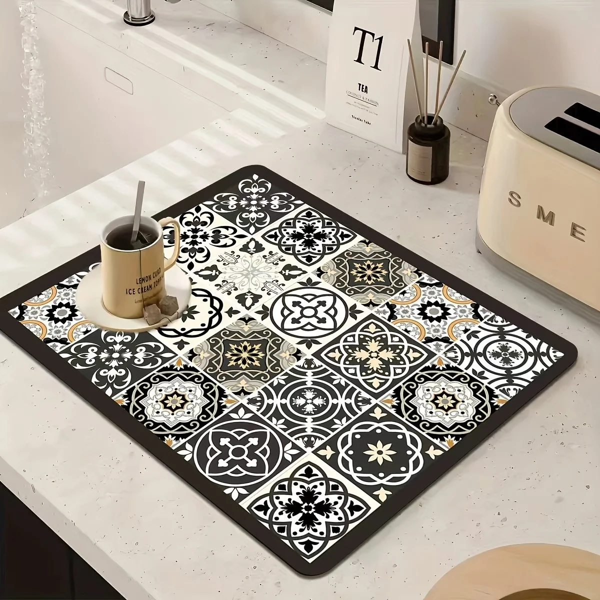 Kitchen Drying Mat Vintage Black White Tile Print, Heatproof Decorative Counter Protector Mat