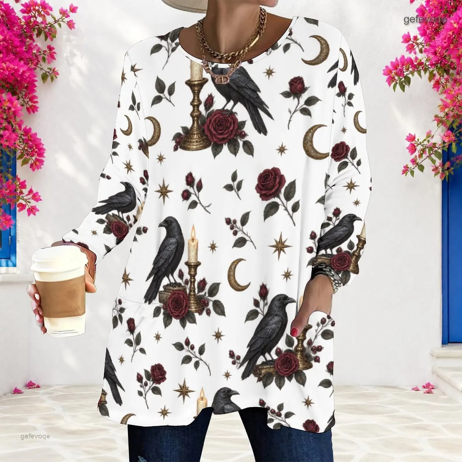 Women White Printed Long Sleeve Top with Raven Rose Crescent Moon Candlestick Pattern Round Neck Loose Fit with Front Pockets