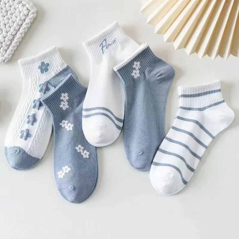 1/5 pairs Spring summer thin fashion versatile short socks breathable fresh boat socks cute  sweet women's flower short socks