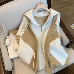 Niche design sweater cardigan stitched hooded sweatshirt jacket for women 2022 spring new style lazy style Korean style trend