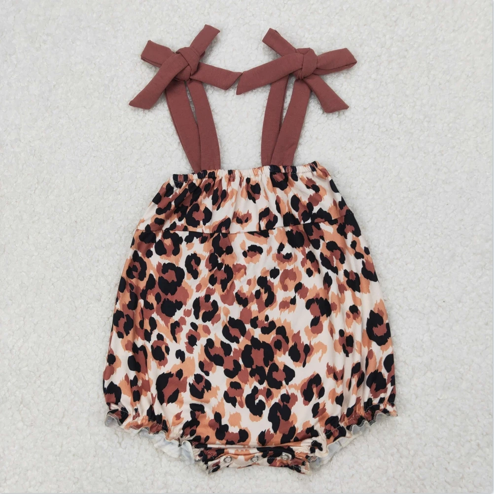 

New Short sleeve Baby Infant Girls Flutter Sleeves Baby Infant Girls Dark Brown Bows Strap Leopard Rompers
