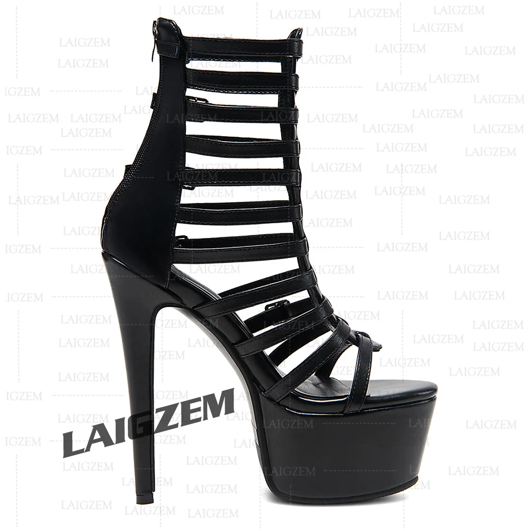 LAIGZEM Women Platform Sandals Buckle Strap Thin High Heels Pumps Ladies Back Zip Handmade Ladies Shoes Woman Large Size 41 52