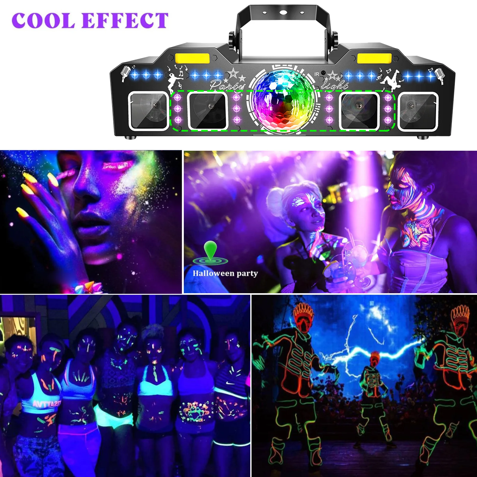 5-in-1 Stage Lighting Projector 96 Patterns + Magic Ball Effect + LED Par Light + UVLight + Golden Strobe Sound