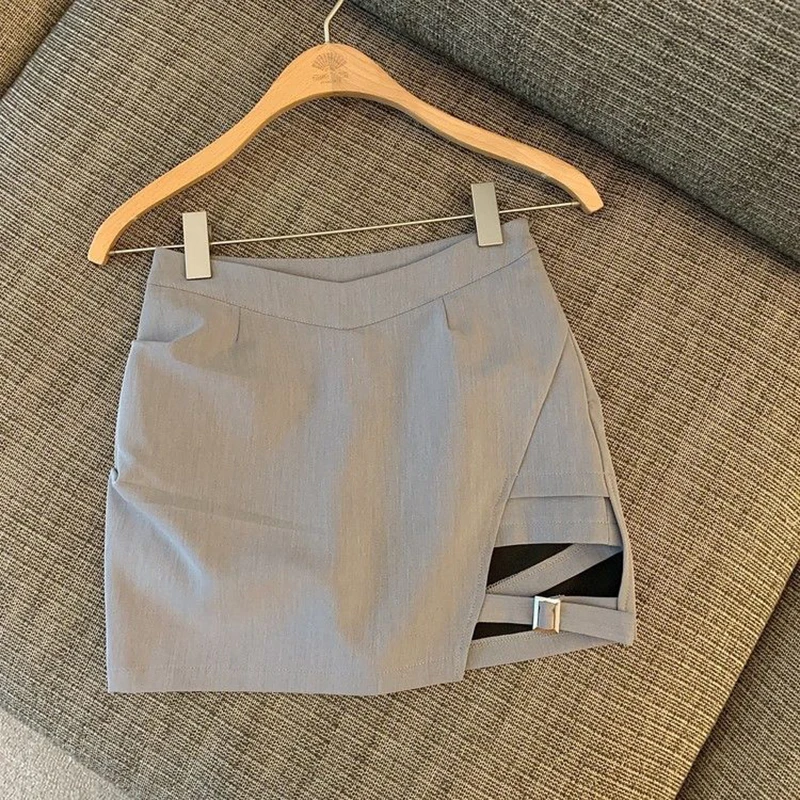 Y2K Asymmetrical Mini Skirt Women Fashion Sexy Black Suit Hip Wrap Skirts Summer Korean Elegant White Slim Design A Line Skirt