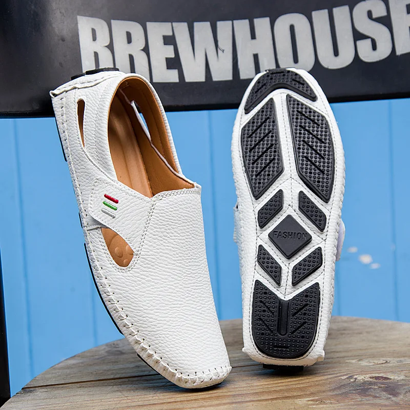 Casual Men's Slip-On Loafers Perforated Breathable Beach/Outdoor Shoes Hand-Stitched Non-Slip Daily Wear Footwear Fit Comfort