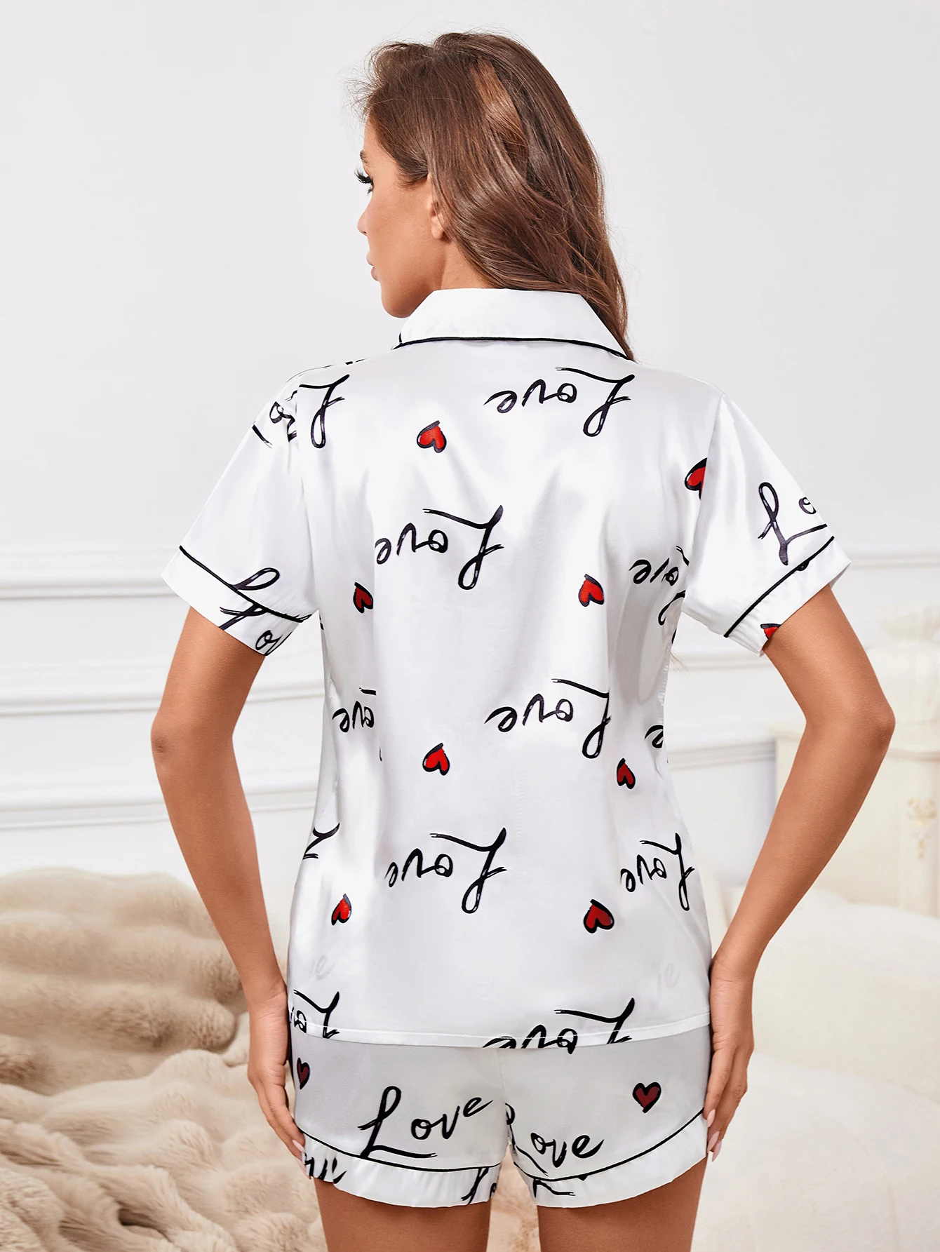 Love Letter Print Short Sleeve Shorts Pajama Set, Collar Button Casual Simple Loungewear