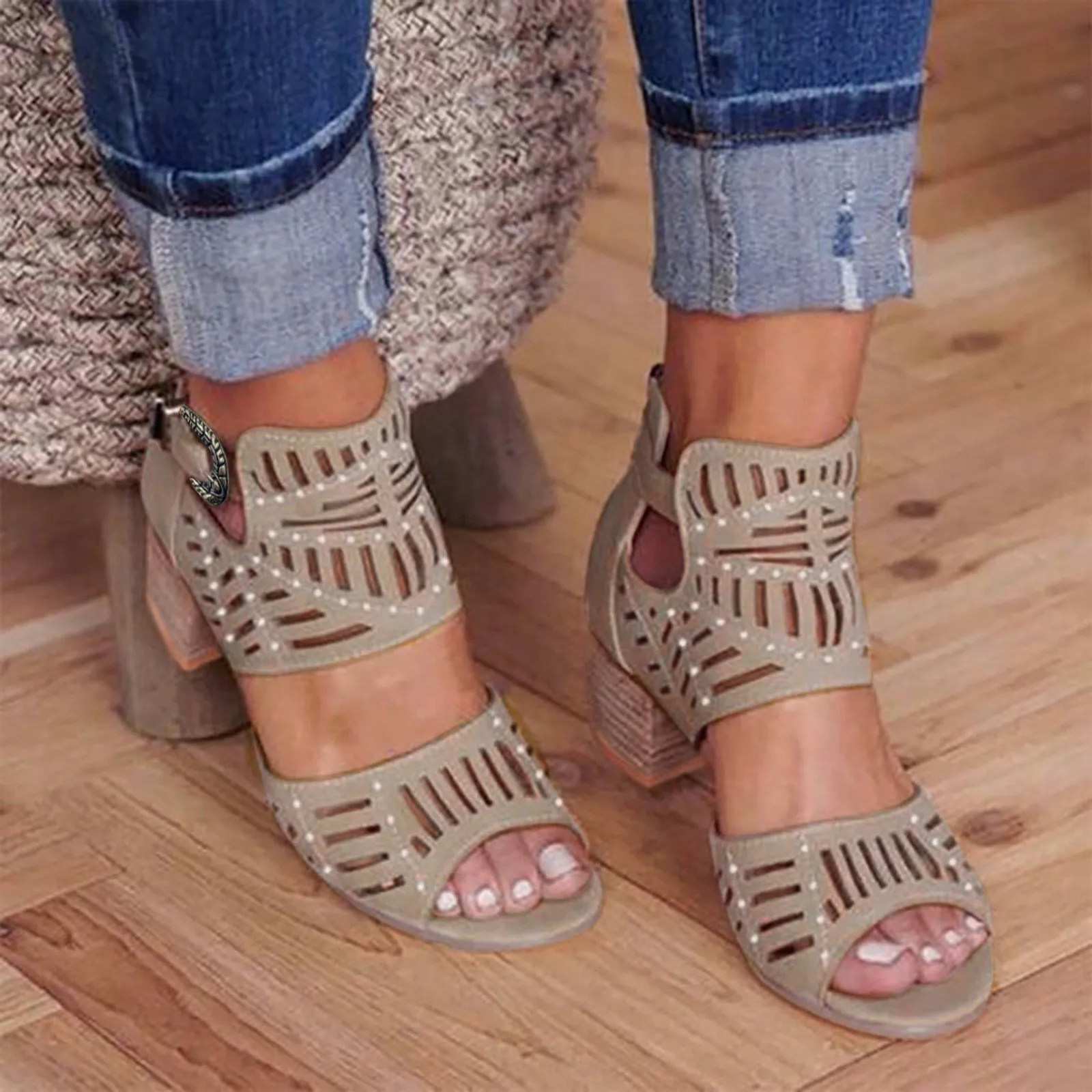 Women\'s New Rough Heel Fish Mouth Sandals 2024 Spring And Summer Fashion High Heel Hollow Out Sandals Large Size Casual Shoes