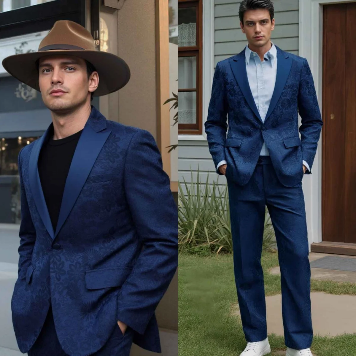 

Stylish Men's Jacquard Sets Single Breasted Peaked Lapel Jacket Blazer Classic Fit Groom Wedding Customized 2 Pieces Tuxedos