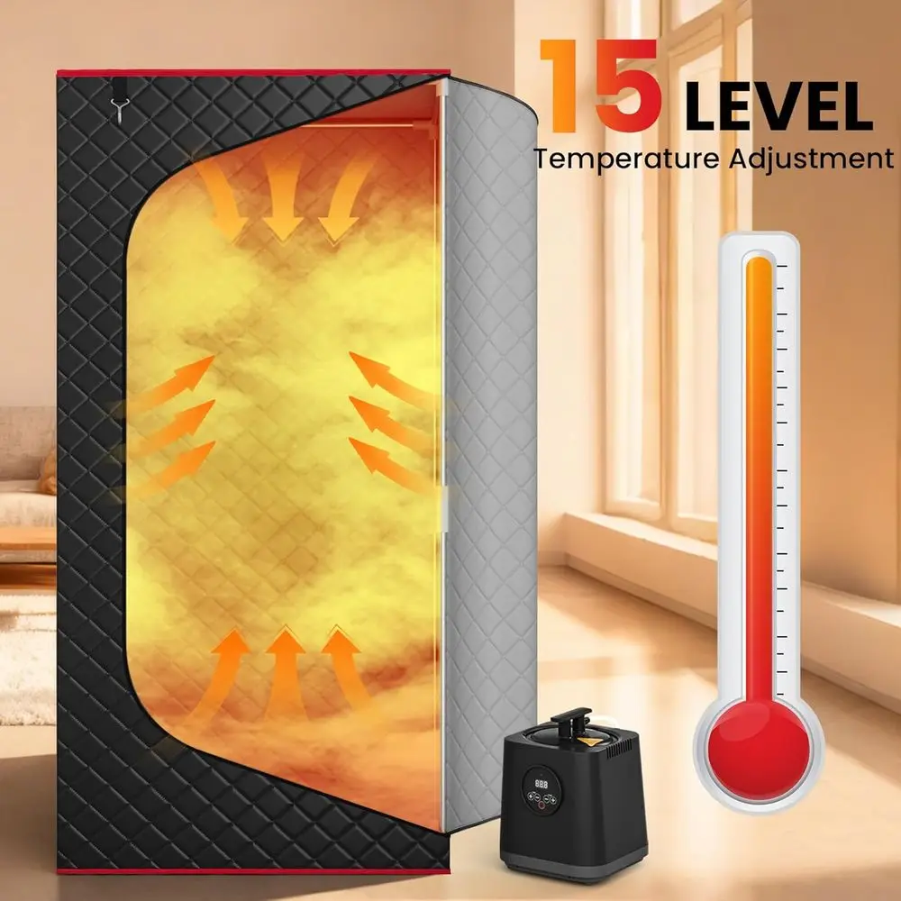 Portable Steam Sauna Tent, 3L/1200W Steamer, XL Collapsible, Remote Control, 99-Min Timer & 15 Power Levels, 2.6' x 2.6' x 5.9'