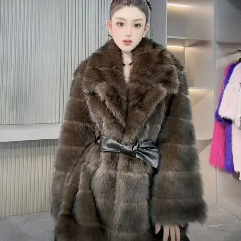 Women’s Wear New Winter Thickened Coat High-end Fashionable Slimming and Waist-cinching Mid-length Faux Fur Simple and Warm Coat