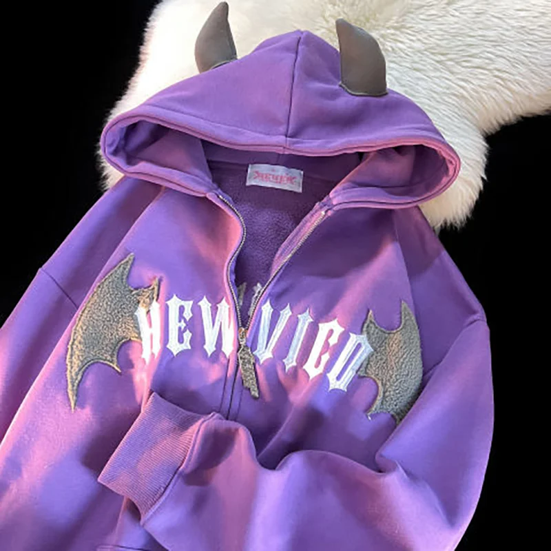 Sudadera con capucha para mujer, suéter holgado de manga larga con estampado de letras, Estilo Vintage Y2k, con bordado de diablo estético, novedad de 2023